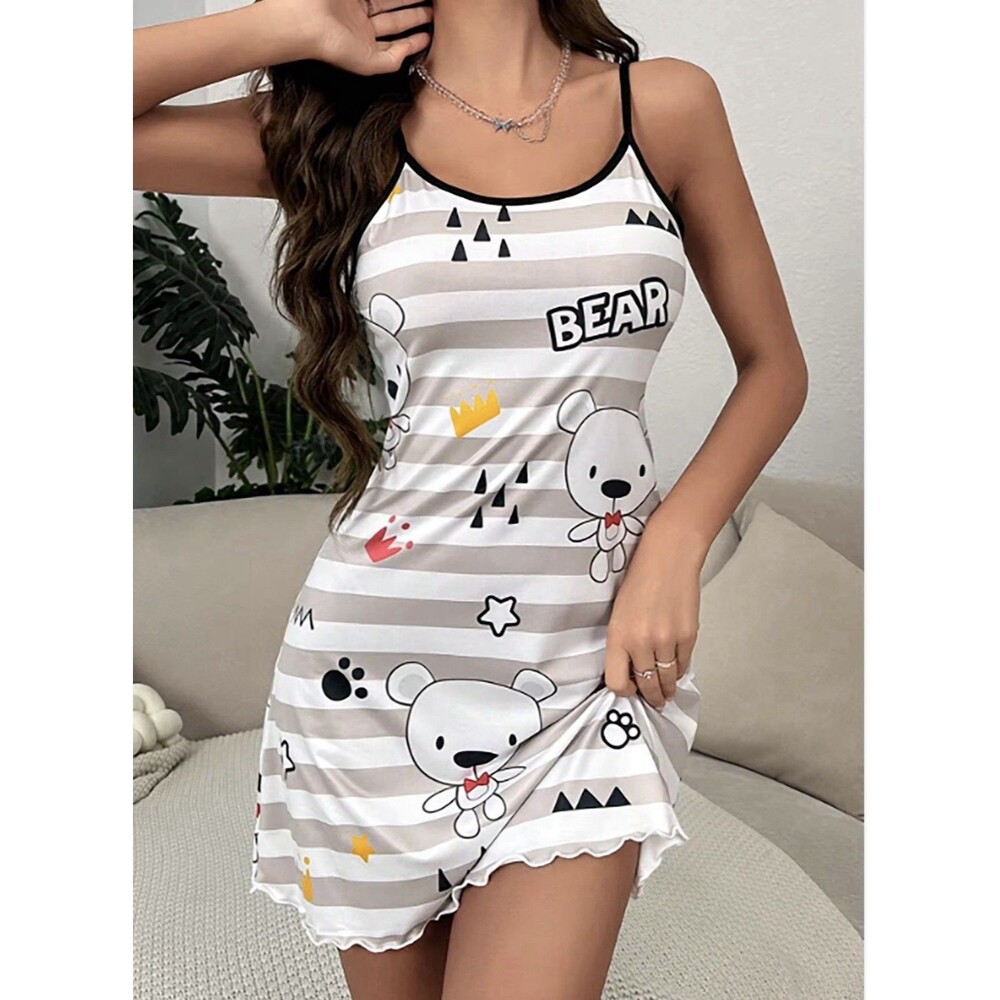 Print Lettuce Trim Cami Nightdress For Woman,Slogan Graphic Contrast Medium Bear